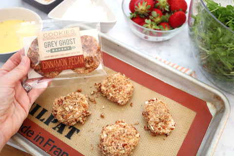 Grey Ghost Bakery Recipe Cinnamon Pecan Cookie Encrusted Goat Cheese Salad with Strawberries and Lemon Vinaigrette