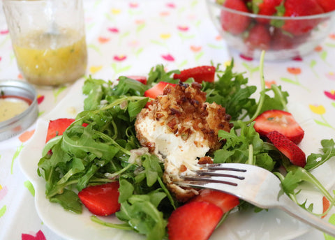 Grey Ghost Bakery Recipe Cinnamon Pecan Cookie Encrusted Goat Cheese Salad with Strawberries and Lemon Vinaigrette