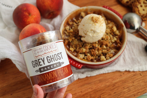 Grey Ghost Bakery Dessert Recipe Peach Crisp with Cinnamon Pecan Cookie Crumble