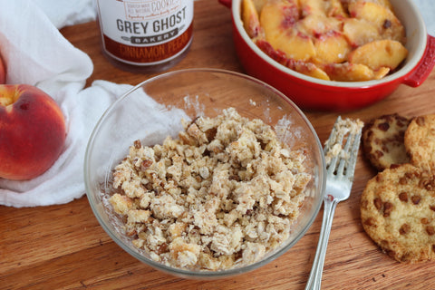 Grey Ghost Bakery Dessert Recipe Peach Crisp with Cinnamon Pecan Cookie Crumble