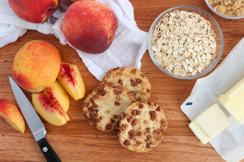 Grey Ghost Bakery Dessert Recipe Peach Crisp with Cinnamon Pecan Cookie Crumble