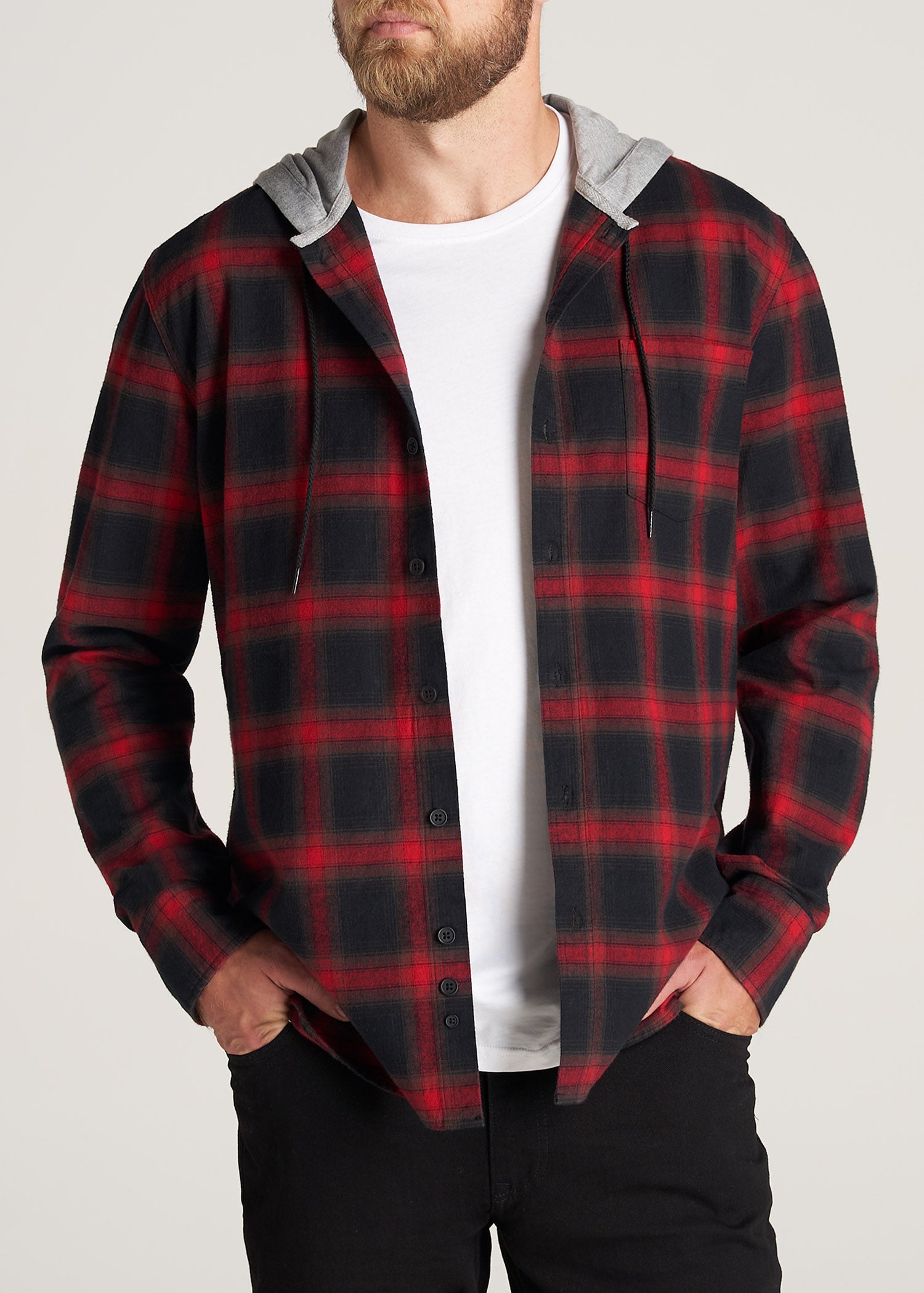 LJ&S Men's Tall Hooded Flannel Shirt in Black & Red Plaid – American Tall
