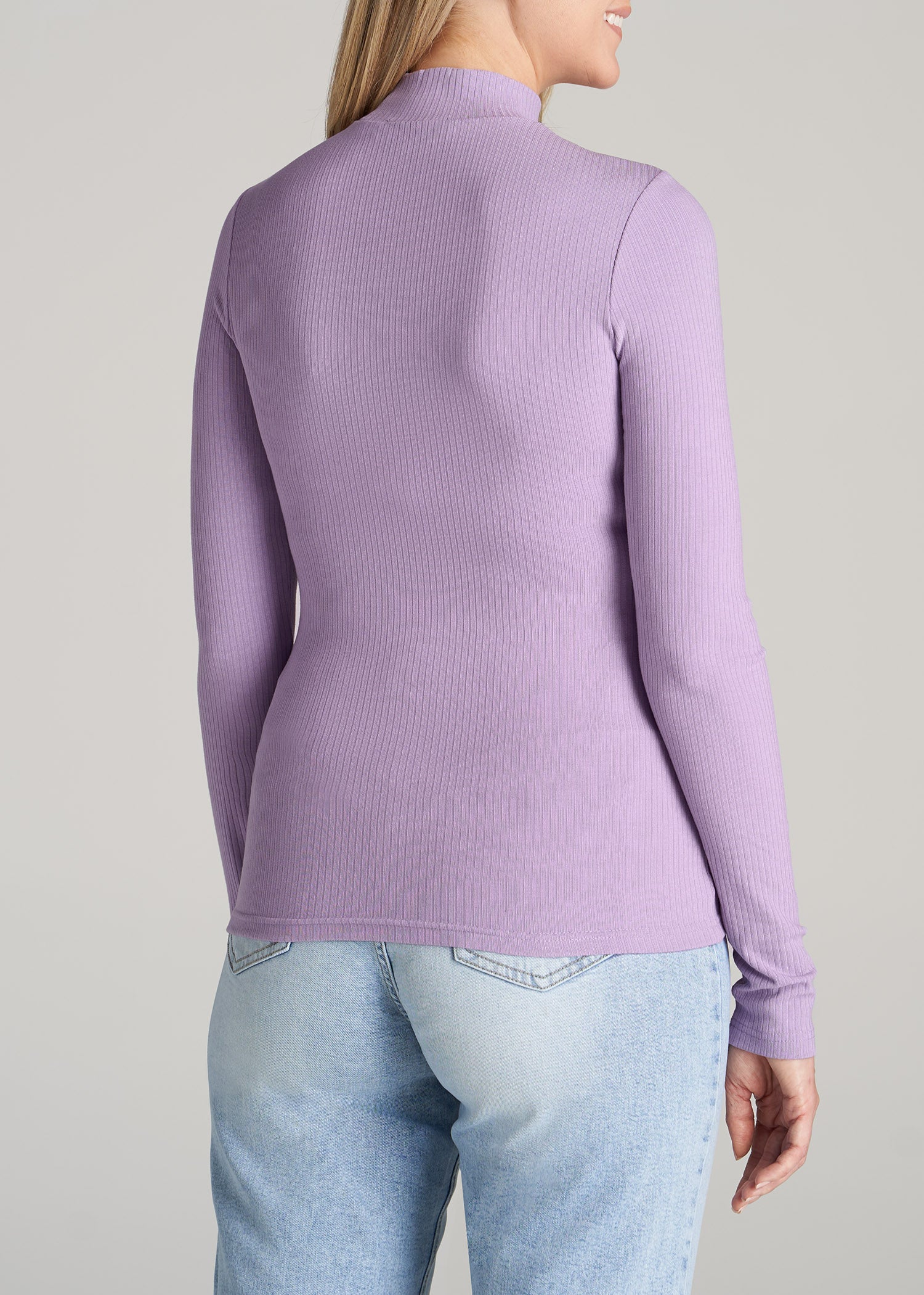 Long Sleeve Mock Neck Ribbed Top for Tall Women in Lavender Frost