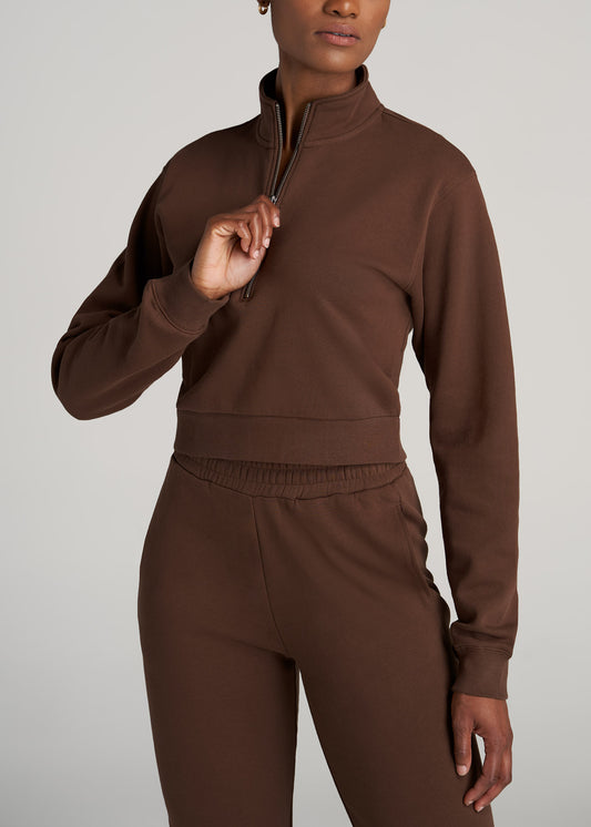       American-Tall-Women-WKND-Cropped-HalfZip-Sweatshirt-Rootbeer-front