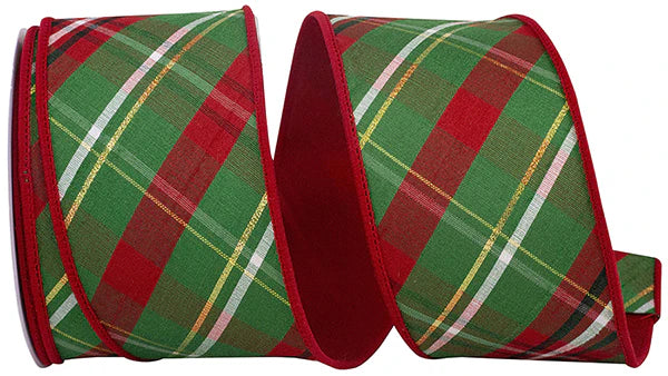 2."x10yd Dupioni Verde Diagonal Plaid with Red Back and Edge