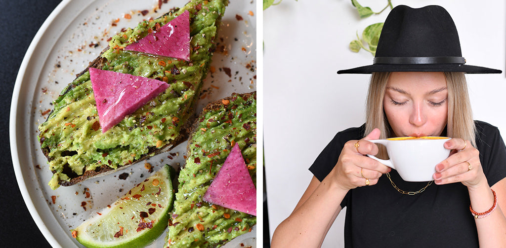 Avocado toast and women drinking her latte