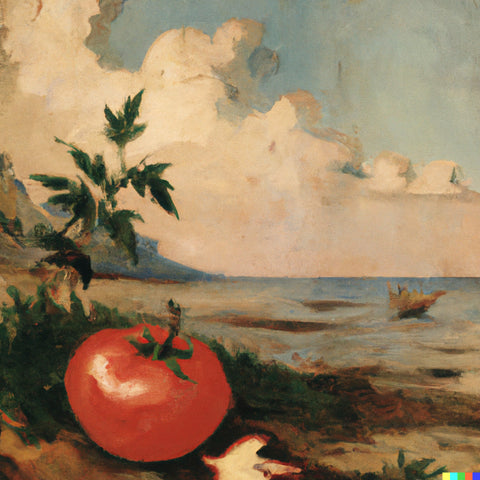 DALL-E’s interpretation of “18th-Century painting of a tomato climbing a ladder by the sea.”