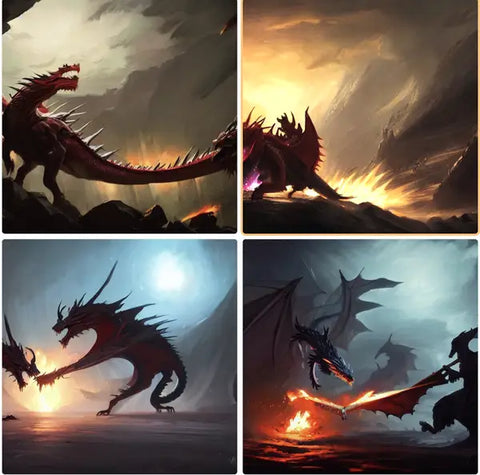 Images created when Insider typed "Dragon battle with a man at night in the style of Greg Rutkowski" into Stable Diffusion. Stable Diffusion