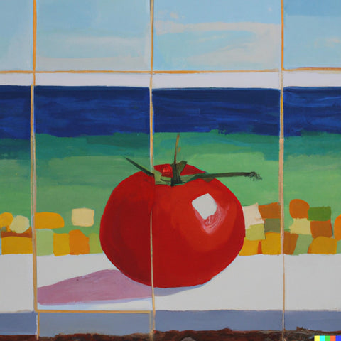 The AI image generator DALL-E’s response to the prompt “Mondrian painting of a tomato climbing a ladder by the sea” (courtesy DALL-E)