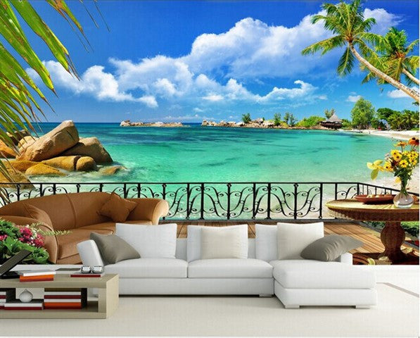 3D Large Deck With Ocean View Palm Trees Wallpaper Nature Wall Mural ...