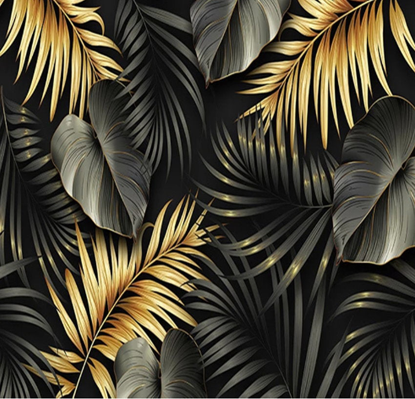 Stylish Gold And Black Hand Painted Tropical Leaves Wallpaper Mural