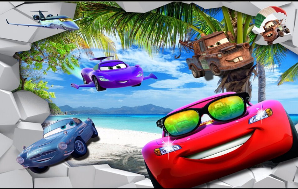 3D Cartoon Cars McQueen Tropical Scene Wall Mural Wallpaper for Kids