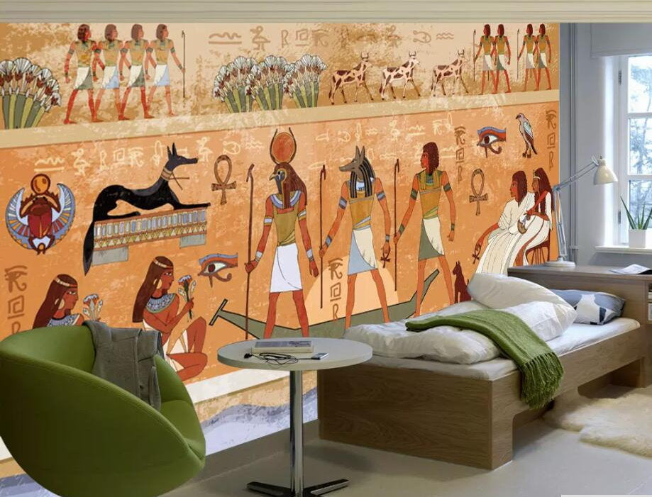 Colorful Wallpaper Ancient Egyptian Figures Drawing Wall