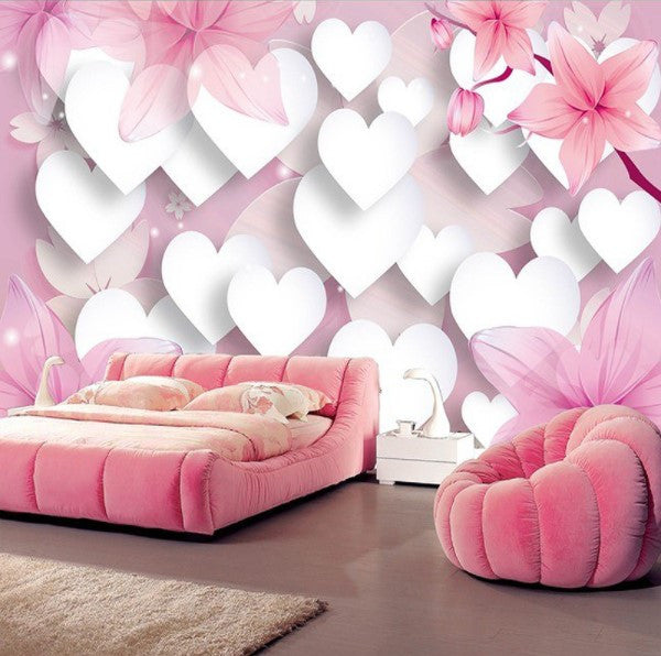 3D Romantic White Hearts and Pink Flowers Wall Mural