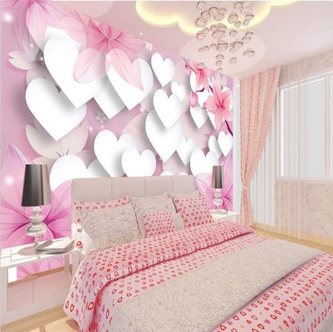 3d Romantic White Hearts And Pink Flowers Wall Mural Custom