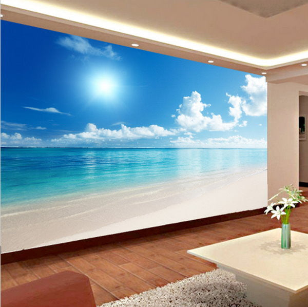 3D Calm Ocean Beach Blue Sky Wallpaper Mural Wall Art