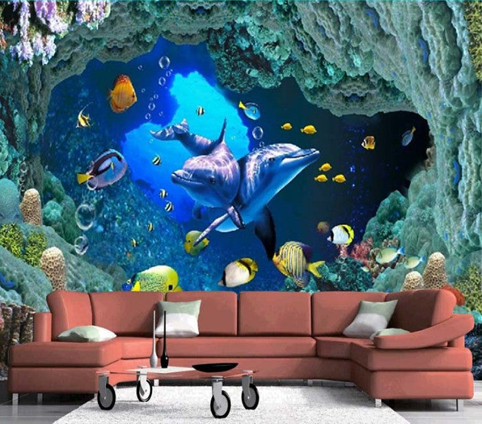 3D Underwater Ocean Dolphins Wallpaper Mural Wall Art ...