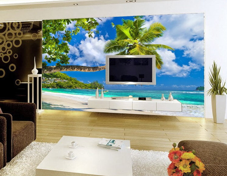 3D Tropical Beach Palm Tree Wallpaper Mural – beddingandbeyond.club
