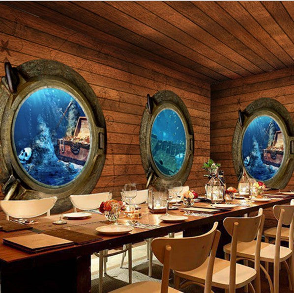 Retro Pirate Theme Ship Portholes Wood Mural Wallpaper