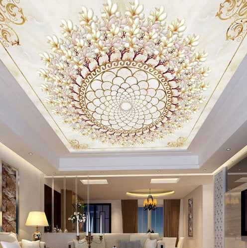 3d White And Gold Chandelier Pattern Ceiling Wall Mural Home Or Business