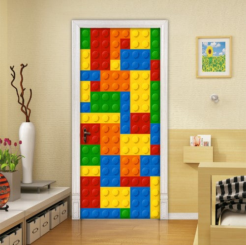3D Lego Bricks Design Self-Adhesive Door Mural Wallpaper for Kids Room