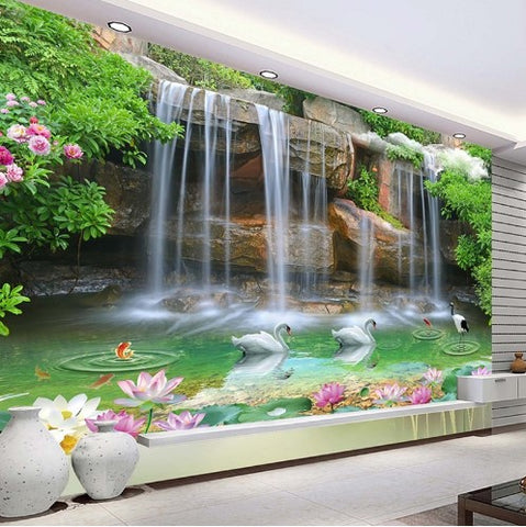 3d Waterfall Lake Pool Swans Fish Design Wallpaper Home Or Business