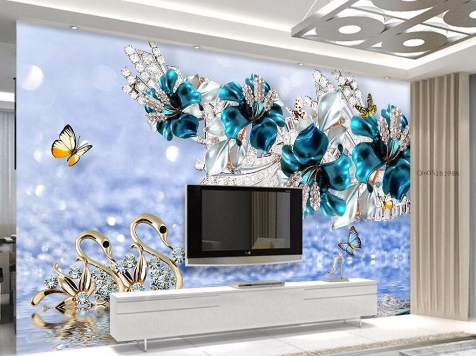 Gorgeous 3D Blue Flowers with Diamonds and Silver Swans Jewelry Mural –  