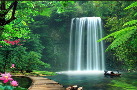 3d Oriental Forest Lake With Waterfall Design Wallpaper Mural For