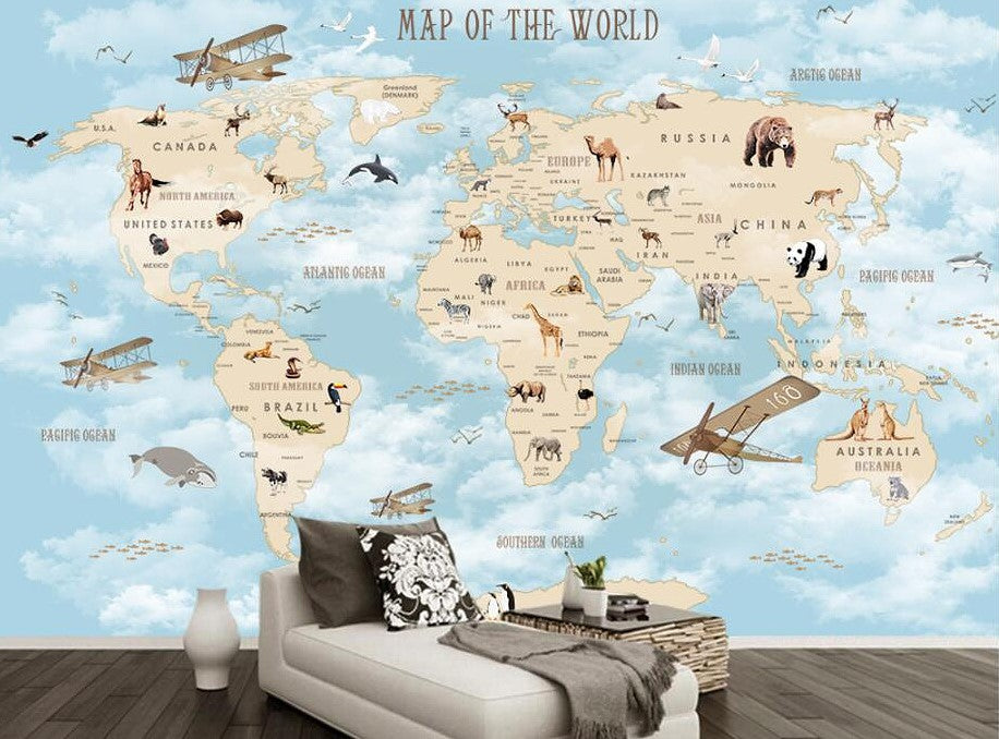 Cartoon World Map For Kids Wallpaper Animals And Planes Wall Mural