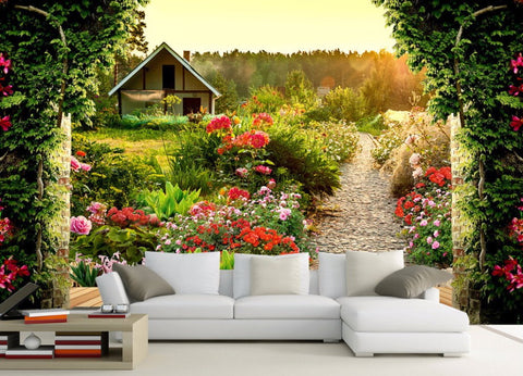 Beautiful Garden Flowers Pathway to House Wallpaper Home or Business –  