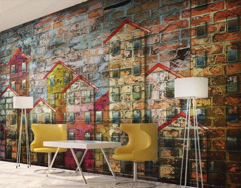 Retro Graffiti Design Painted Houses Brick Wall Background Wallpaper Beddingandbeyond Club