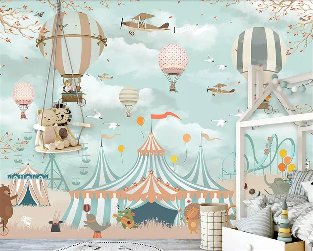 3d Wallpaper Cartoon Hot Air Balloons Airplanes Animals Circus Mural –  