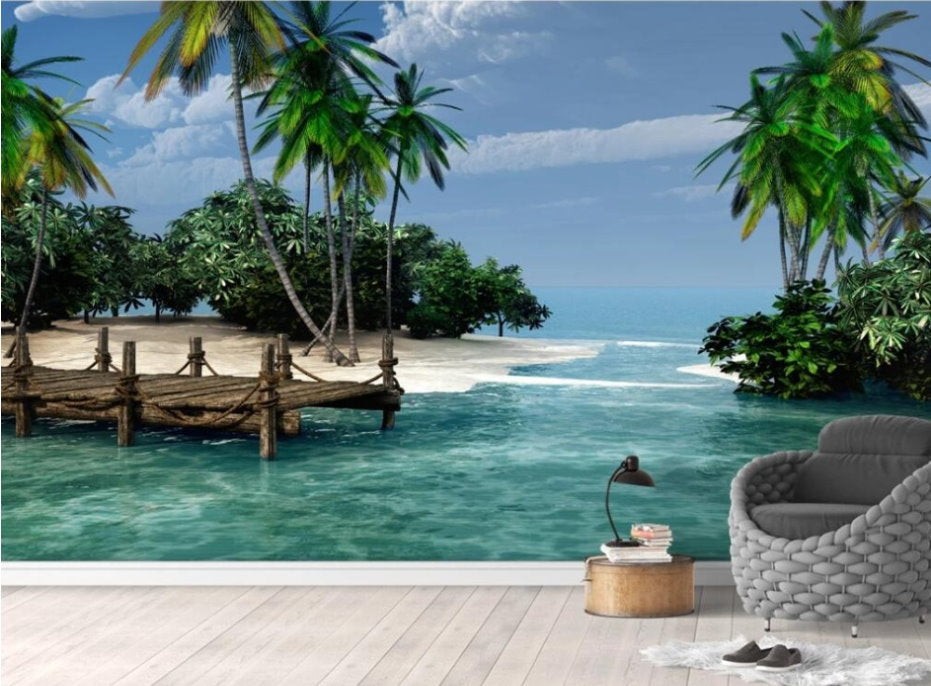 Tropical Beach Lagoon Scene Palm Tree Design Wallpaper Landscape Mural