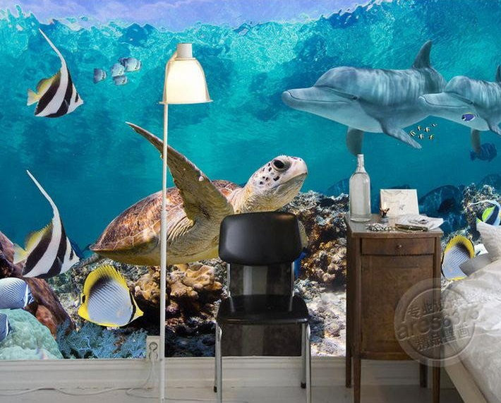 3d Wallpaper Underwater Fish Turtle Dolphin Wall Mural ...