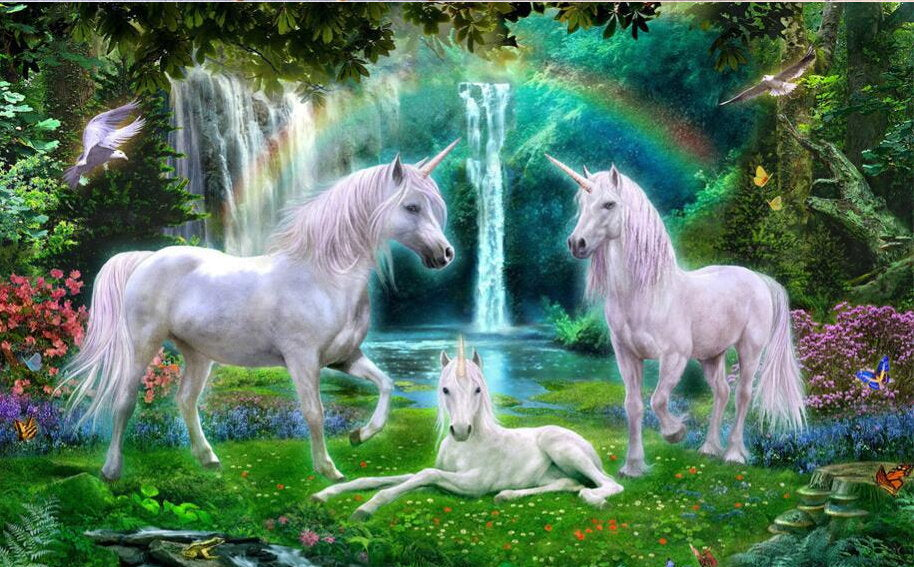 3D White Unicorn Family Green Forest Wallpaper Rainbow Fantasy Mural ...