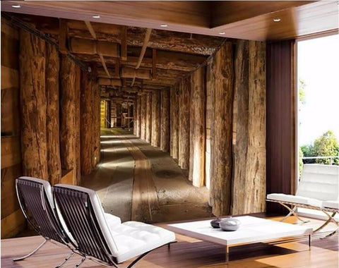 Expansion Space Wooden Logs Tunnel 3d Illusion Wallpaper Wall