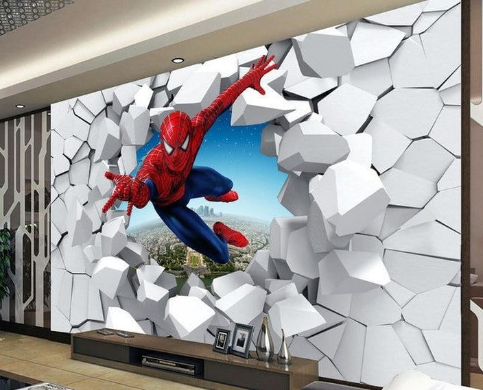 Custom 3D photo wallpaper stereoscopic Spiderman White Bricks Wall Art