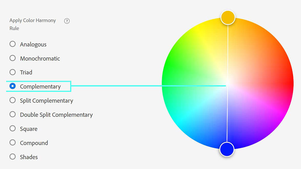 Example colour wheel showing Complementary colours (Credit to Adobe Color Wheel)