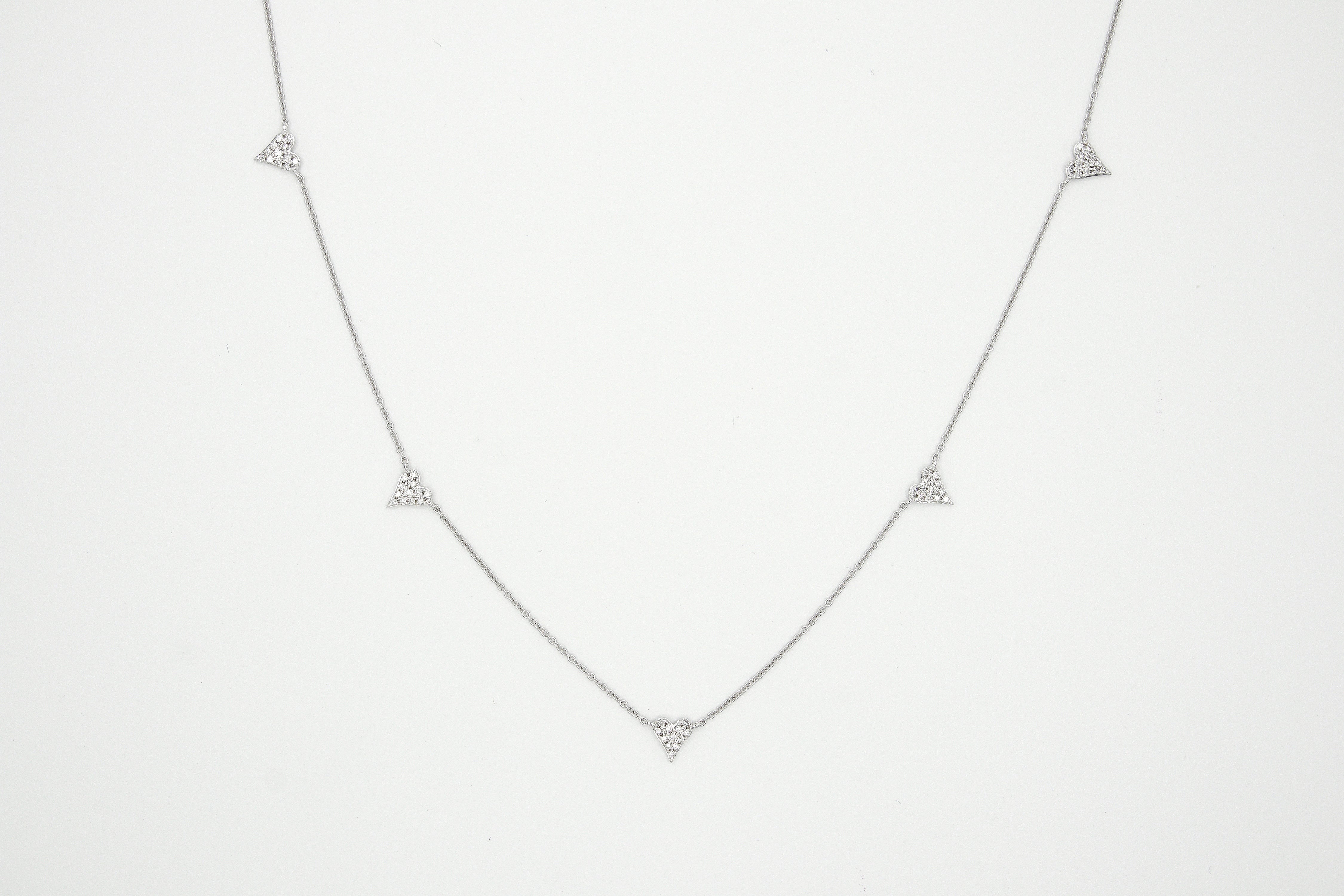 Adjustable 14k White Gold Station Diamond Heart Necklace