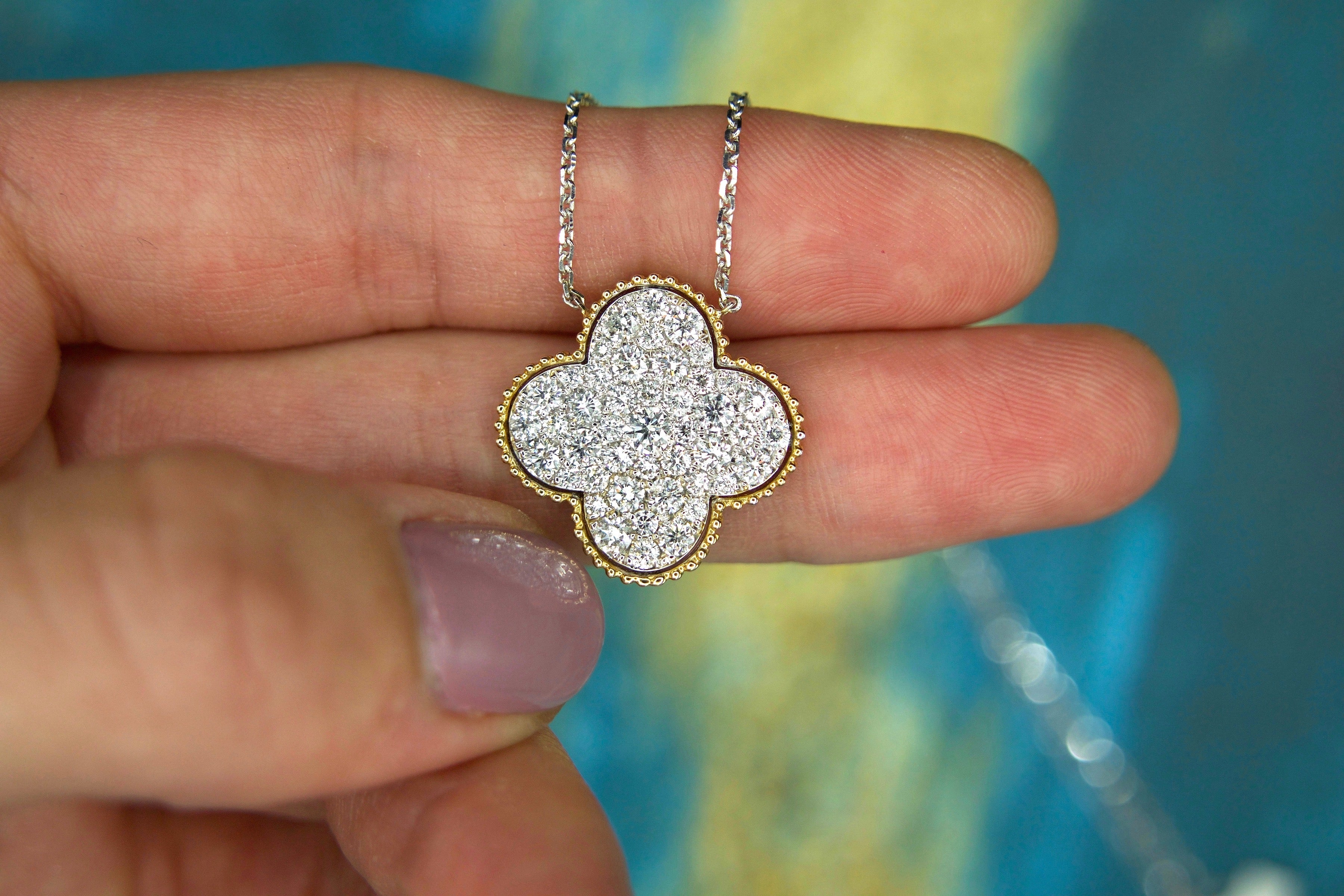 14k Two Tone Pave Set Diamond Clover Necklace (1.55cts. t.w.)