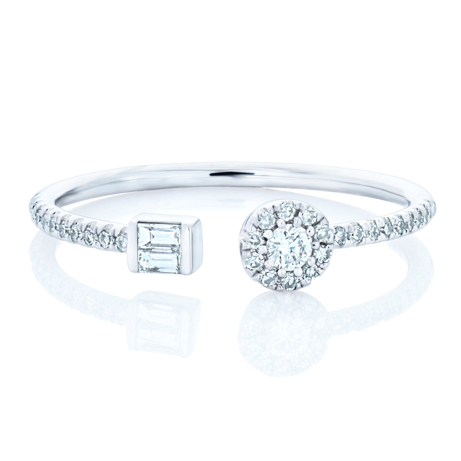 Open 14k White Gold Round and Baguette Cut Diamond Ring