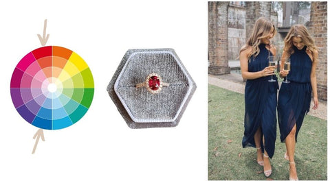 colour wheel, ruby ring, blue cocktail dress, ruby outfit pairings