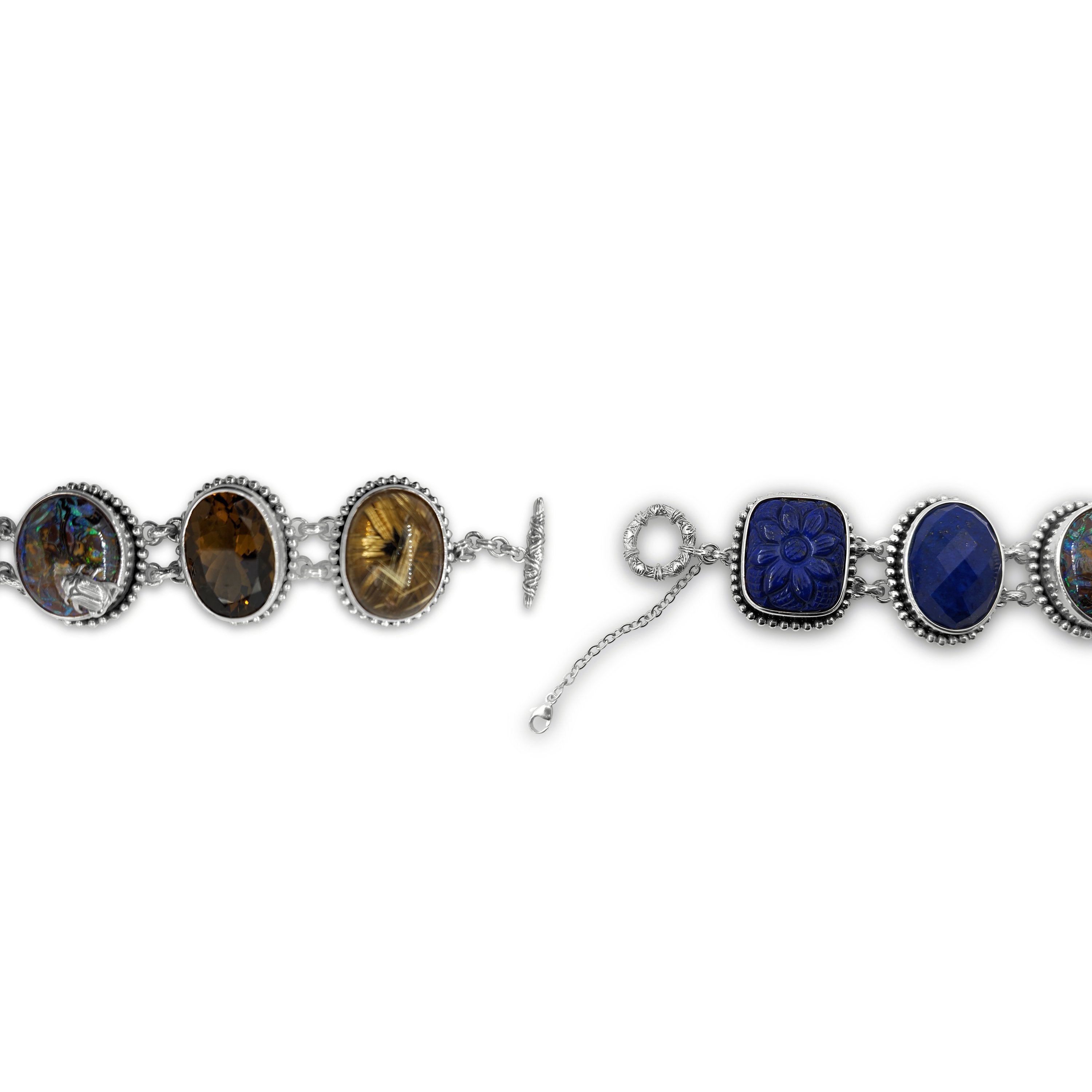 Carved and Faceted Lapis Yowah Opal Cognac and Rutilated Quartz Bracelet in Sterling Silver with Adam