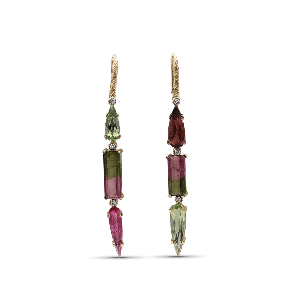 Luxury Pink Green and Bi-Color Tourmaline 10.5ct and Diamond 0.15ct Earring in 18K Gold