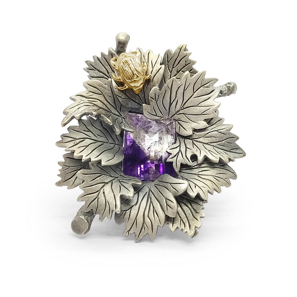 One-of-a-Kind BiColor Amethyst, Handmade Cire Perdue Assemblage of Leaves with Yellow Gold Beetle Ring