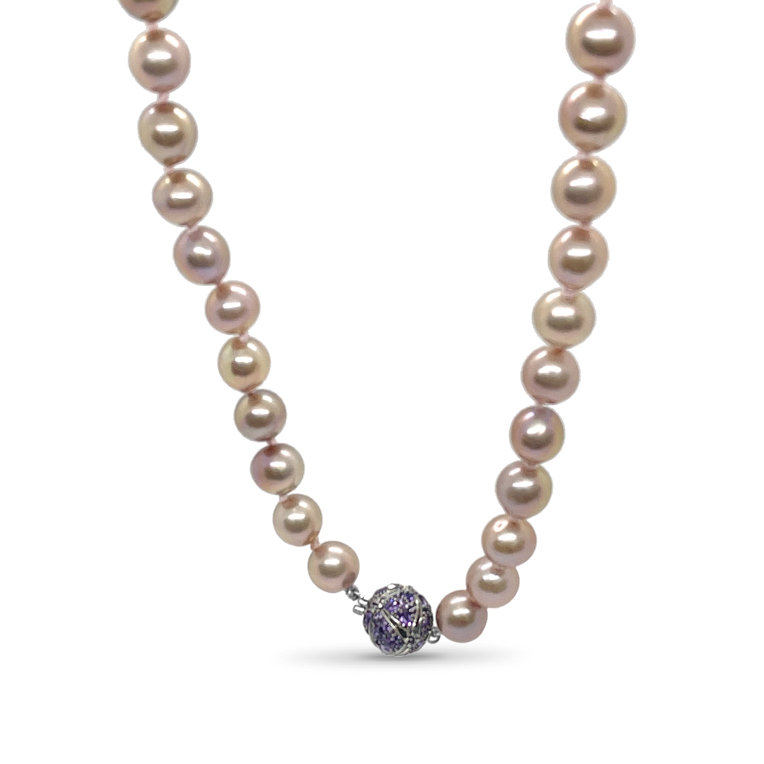 Natural Pearl Necklace with Sterling Silver Amethyst Pave Sunray Clasp