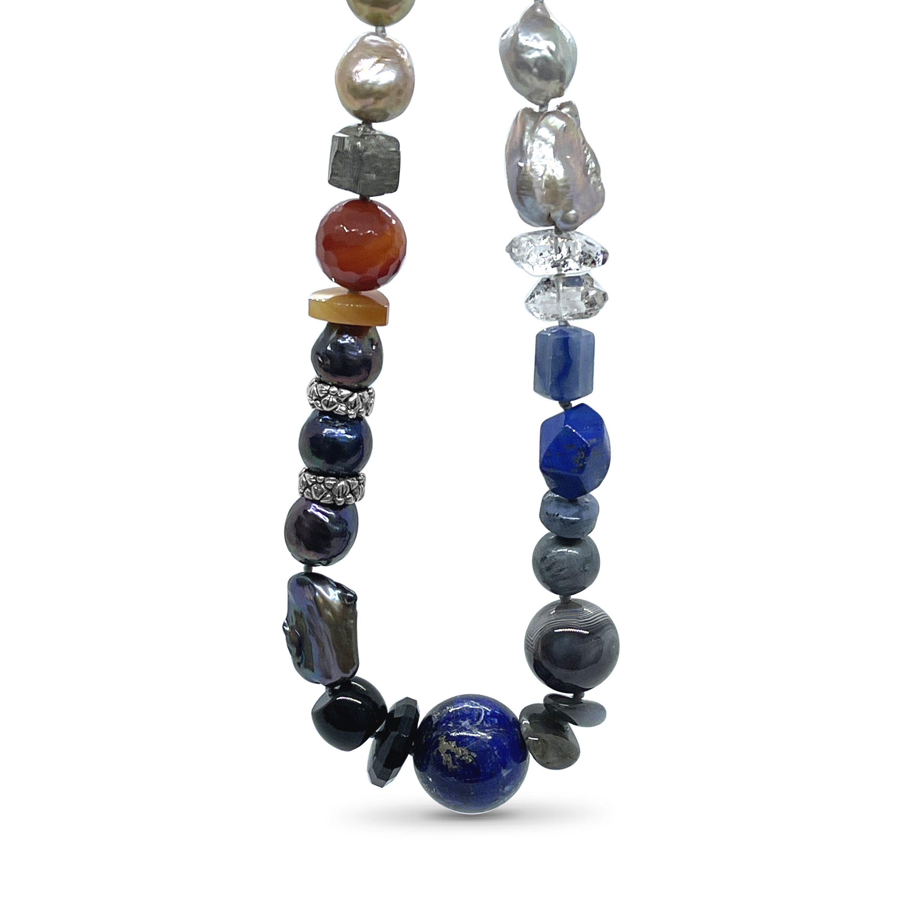 Multi-Hued Pearls Herkimer Diamond Aventurine Lapis Coral Botswana Agate Labradorite Black Agate Carnelian Pyrite Natural and Golden Hair Rutilated Quartz Necklace in Sterling Silver