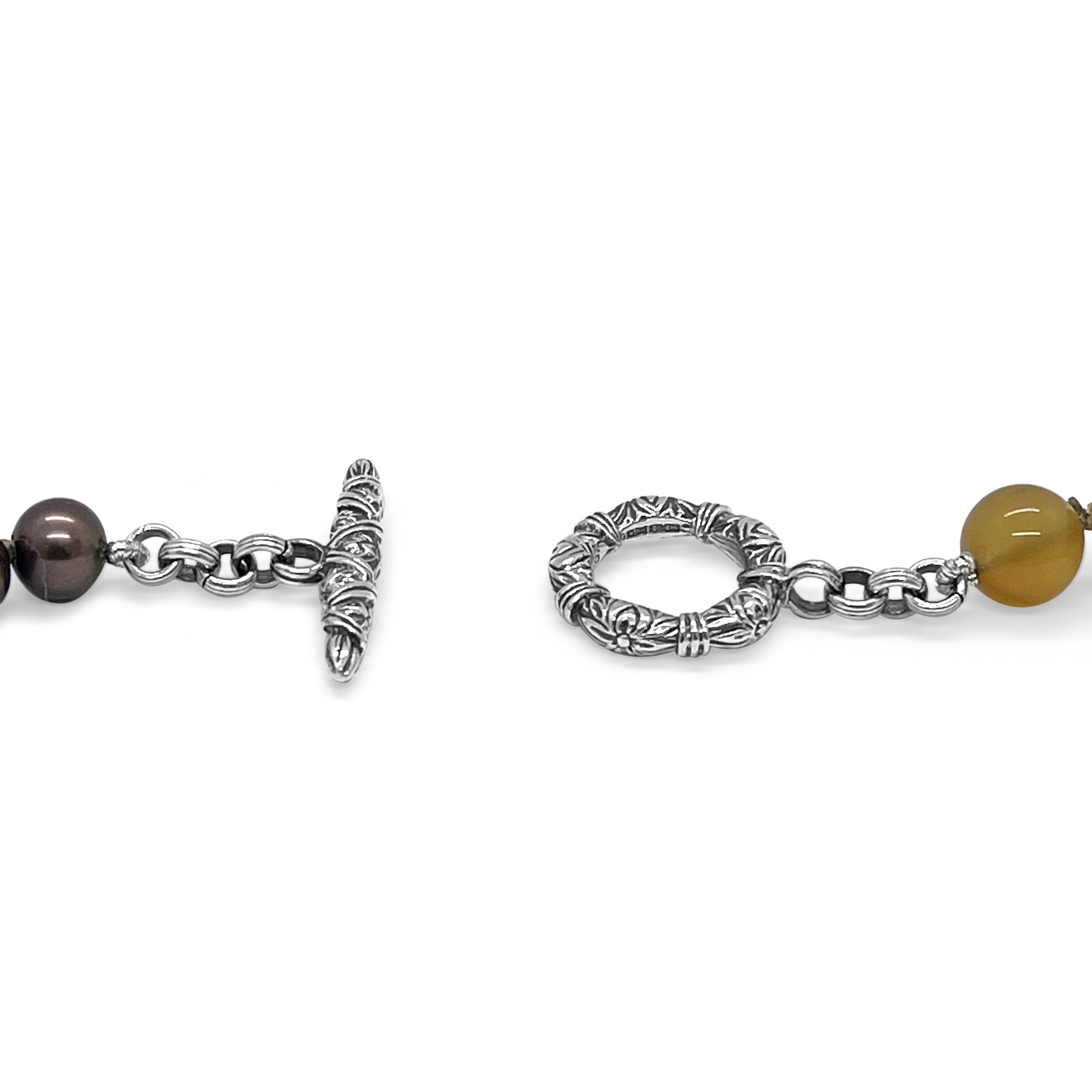 Peacock Baroque Pearls Golden and Smoky Quartz Flourite Tiger Eye Amber Carnelian Necklace in Sterling Silver