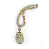 One of a Kind Vintage Hand Carved Jade Citrine and Agate Necklace in Sterling Silver with 18K Gold Adam