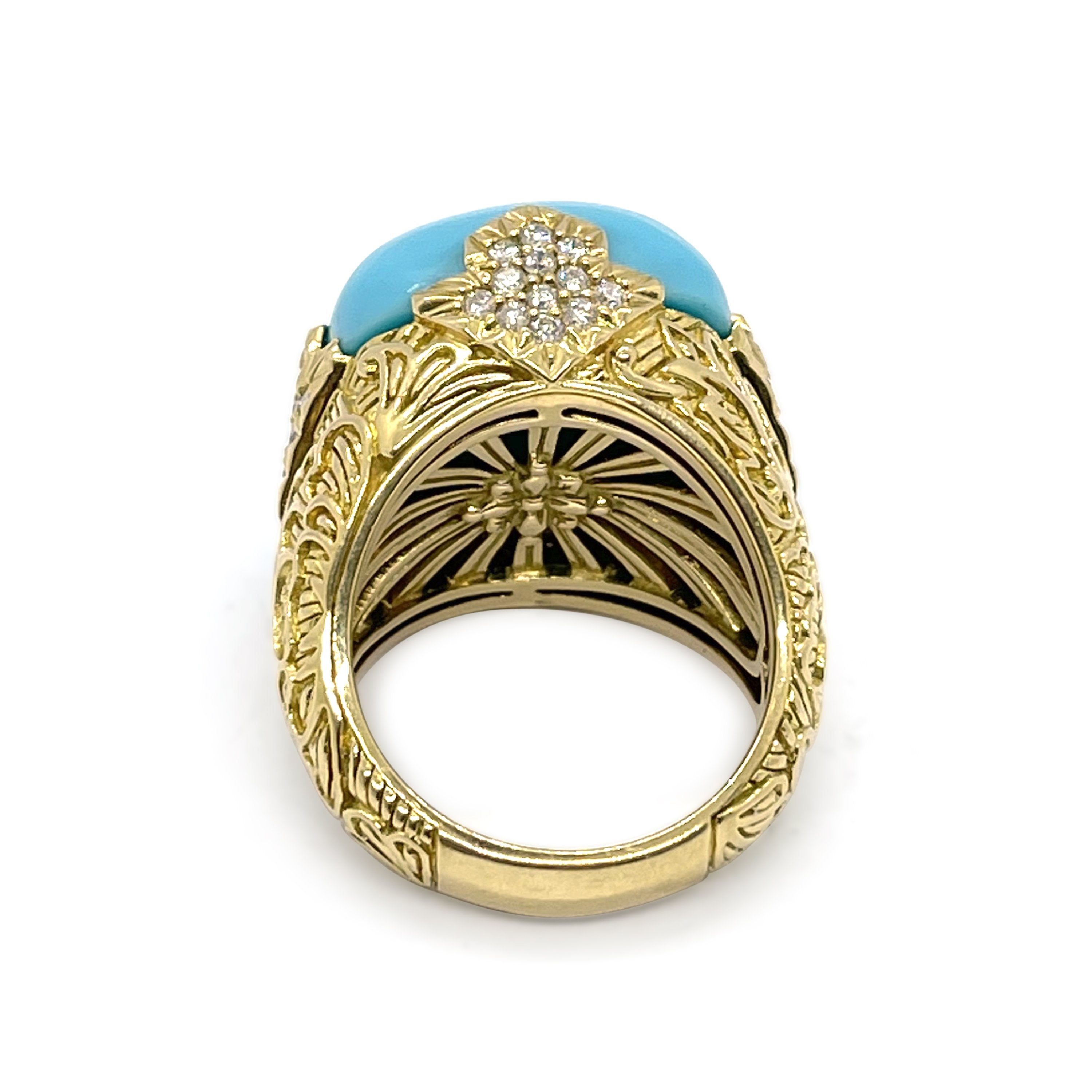 Natural Turquoise Dome Ring wih Diamond Accent in 18k Yellow Gold